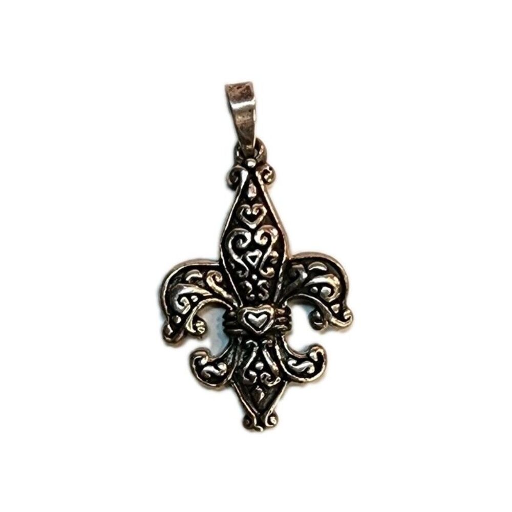 Fleur De Lis Pendant with Hearts Silver Tone 1.5 inches Goth Medieval Biker